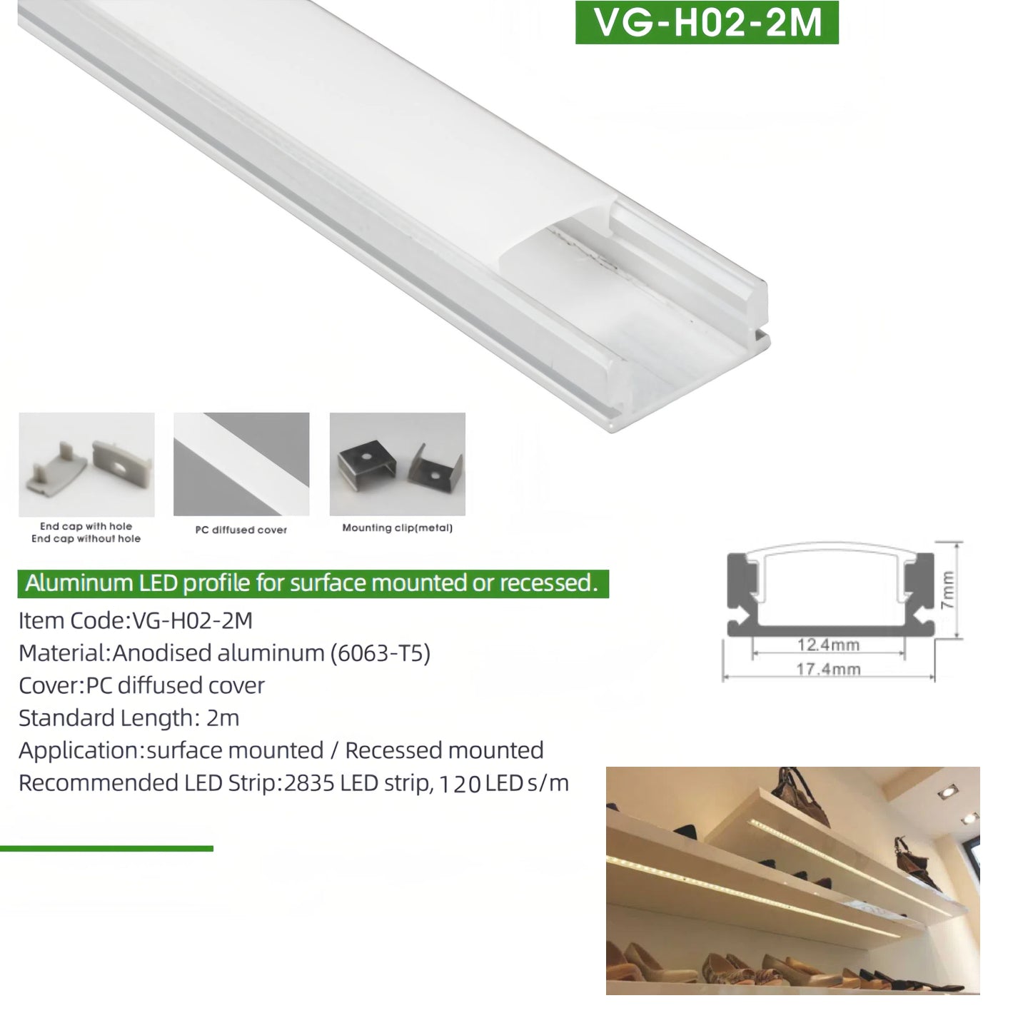 شريط ألومنيوم VG/MODI بطول 2 متر على شكل حرف U مع غطاء أبيض حليبي، وأغطية طرفية، ومسامير، وسلم تثبيت، وسقف، ومشابك تعليق، ومسار ناشر شريط إضاءة LED أسود للإضاءة أسفل الخزانة وخزانة الملابس والعرض