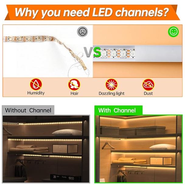 شريط ألومنيوم VG/MODI بطول 2 متر على شكل حرف U مع غطاء أبيض حليبي، وأغطية طرفية، ومسامير، وسلم تثبيت، وسقف، ومشابك تعليق، ومسار ناشر شريط إضاءة LED أسود للإضاءة أسفل الخزانة وخزانة الملابس والعرض