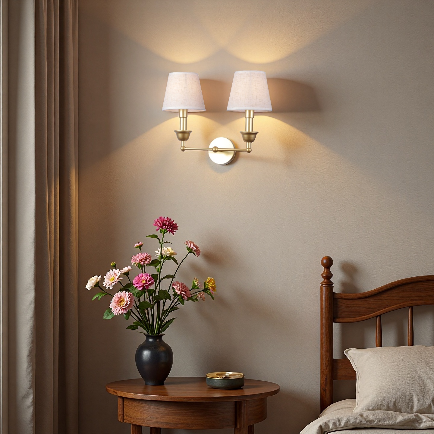 مصباح حائط LED للديكور المنزلي VMAX WL03R-1 WL03R-2 من القماش الأمريكي القديم غطاء من القماش الحديدي مصباح E14 مزدوج مجاني (لون WW)