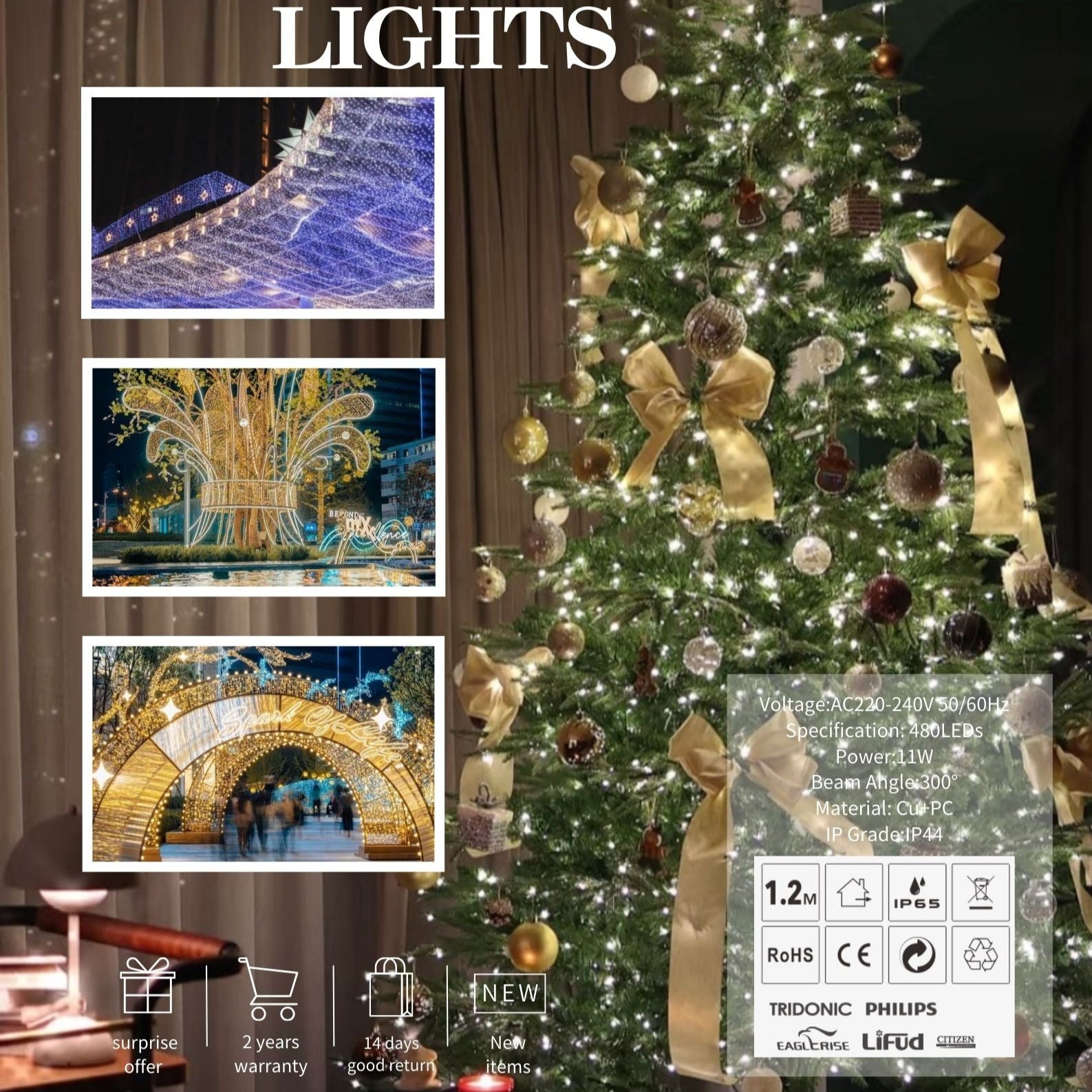 سلسلة مصابيح LED للعطلات MODI 50r-480 باللون الأحمر والأزرق والأخضر والأرجواني والذهبي وألوان RGB بطول 40 مترًا/لفة 